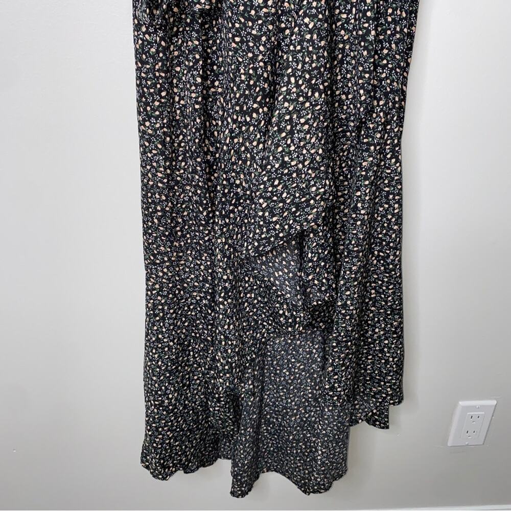 Lulus Fashion Find Black Ditsy Floral Print Ruffled Faux Wrap Midi Dress Medium - Picture 7 of 12